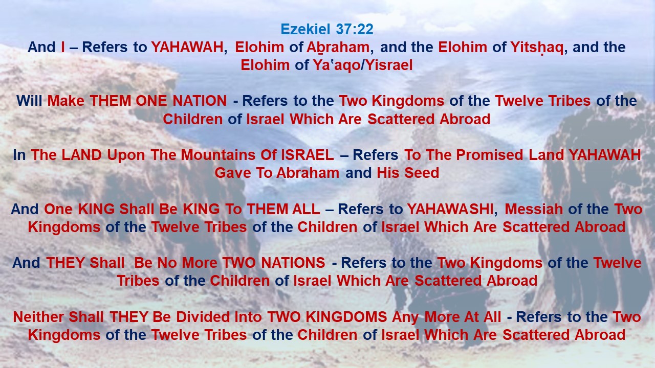 Ezekiel 37:22                    And I will make them one nation in the land upon the mountains of Israel; and one king shall be king to them all: and they shall be no more two nations, neither shall they be divided into two kingdoms any more at all.